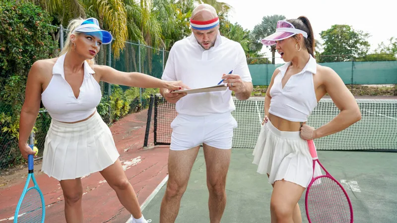 Training on the court with Phoenix Marie and Kelsey Monroe ended with group sex with milfs