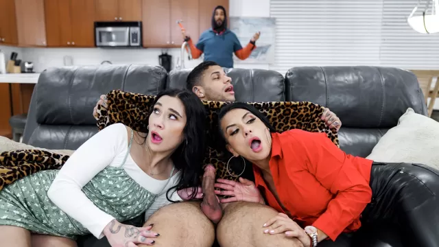 Frosty threesome: stepmother warmed stepson and his girlfriend in bed