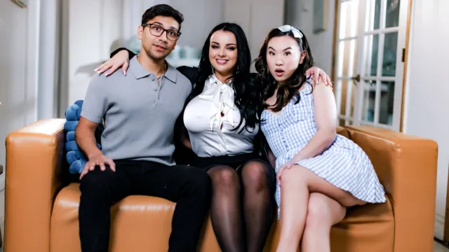 Family trap: Stepmother and stepdaughter savored stepson in living room on couch