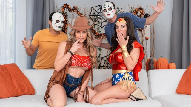 Halloween orgy: MILFs lick pussies and then fuck their step-sons until they cum on their tits